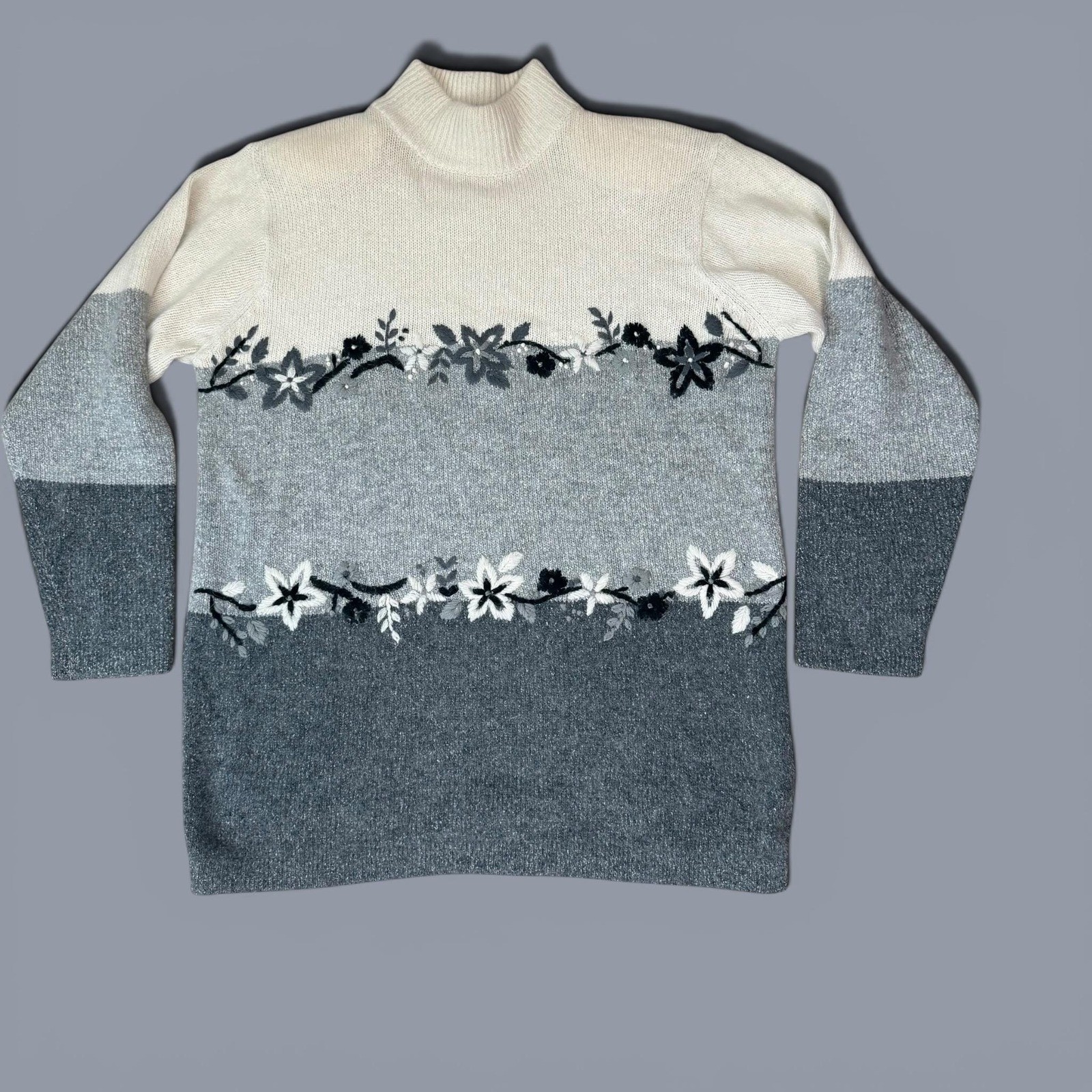 VTG 90s Mock Neck Sweater Embroidered Angora Lambswool Silk Blend size medium