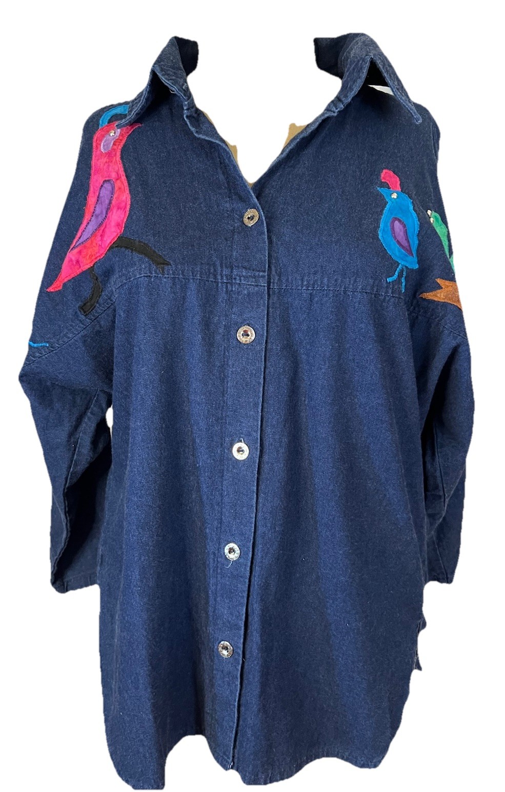 Alfredo’s Wife Vtg 90’s Denim Embroidered Bird/cacti Dolman Sl Button Up M