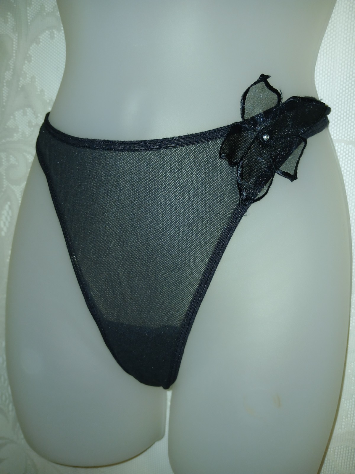Vintage Secret Treasures Black Sheer Chiffon Flower G-String Thong Panties S