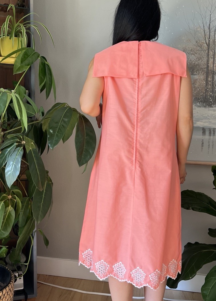 vintage 60s orange white embroidered sailor collar sheer mod midi dress medium