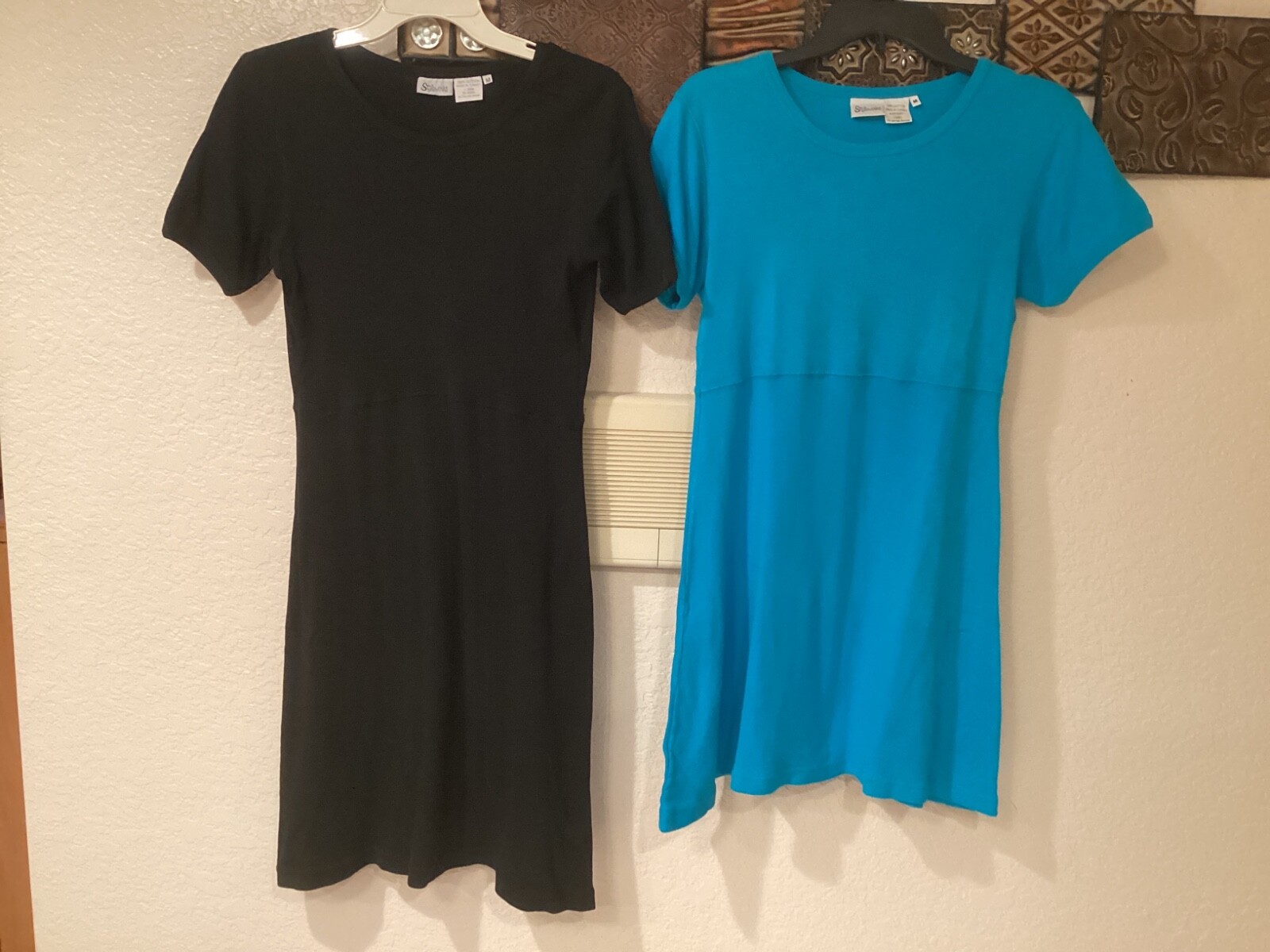 2 Vtg Styleworks Cotton S/S Dress Black 38”Cx37”L OR Aqua 38”Cx33”L Sz M U PICK