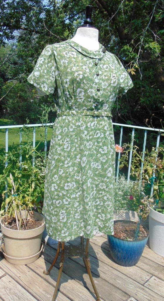 VTG 1950s Karen Kane Green Floral Voile Dress 36W