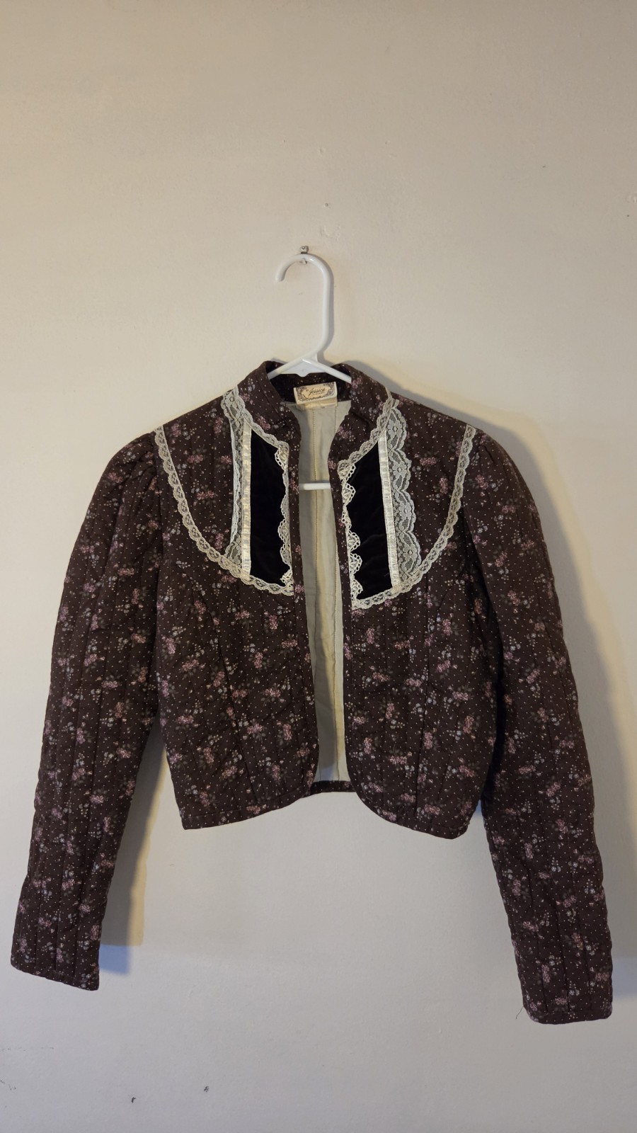 Gunne Sax by Jessica Floral Lace Trim Cropped Jacket Long Sleeve Brown