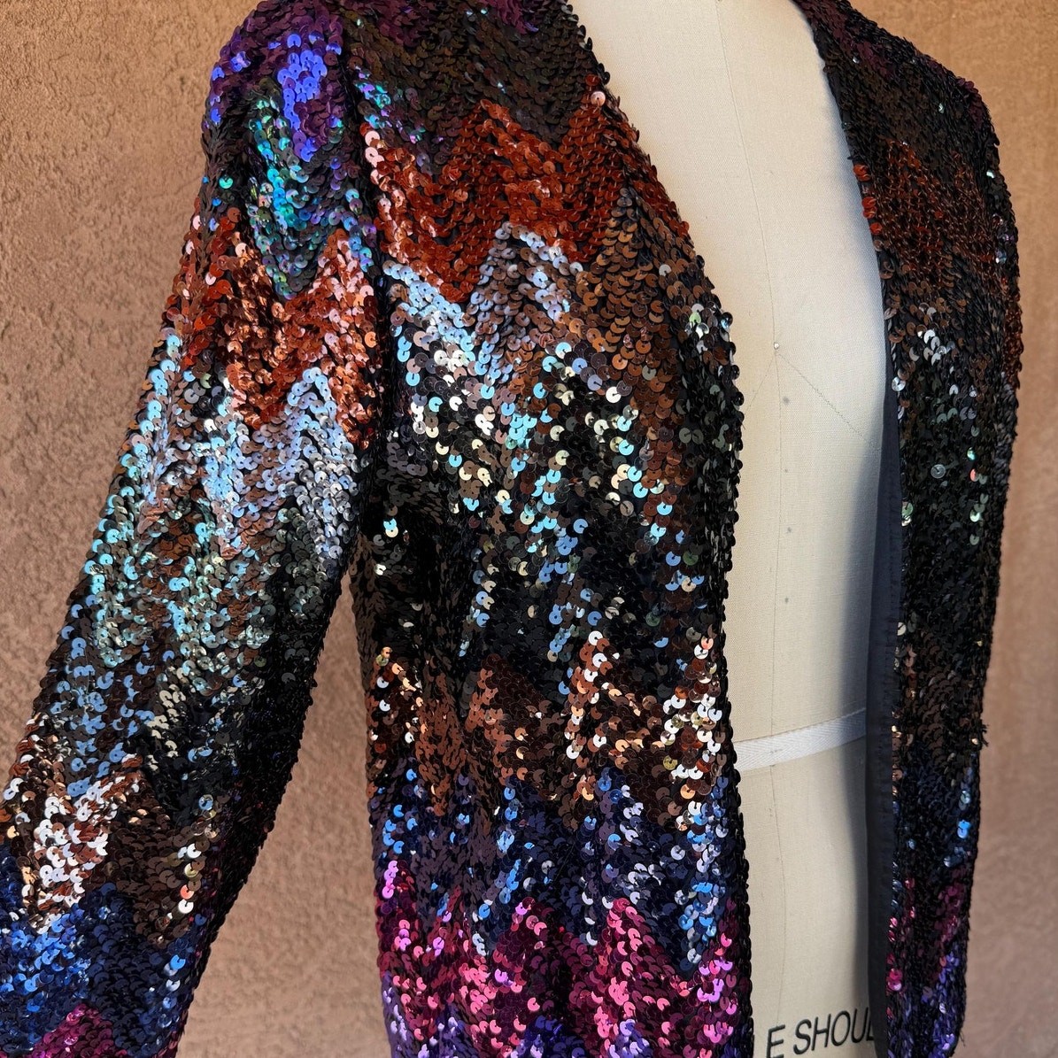 Vintage 80s Sequin Jacket Multicolor Iridescent Chevron Zigzag Evening Wear