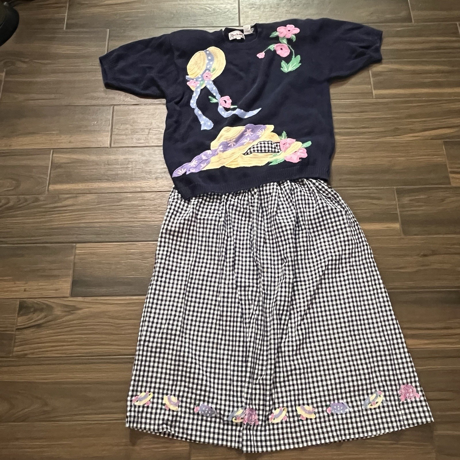 Vintage BECHAMEL Straw Hat Gingham Sweater And Skirt Set Size Large READ DETAILS