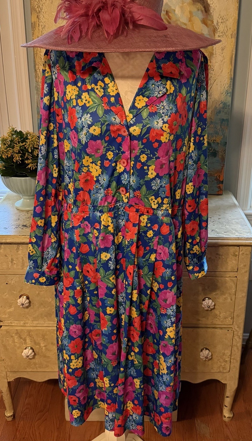 Vintage Custom Mod Floral Stretch Pullover Pleated A-line Shirt Dress – L/XL