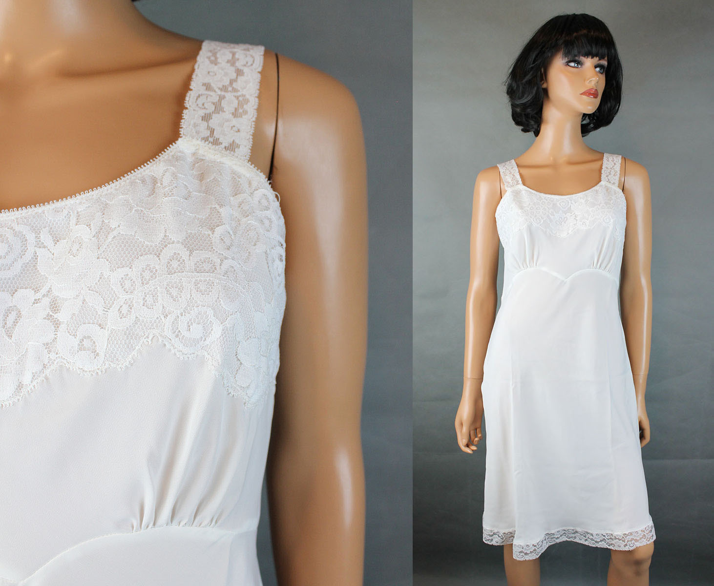 Vintage 60s Slip Sz 34 M White Rayon Nylon Crepe Bias Cut Lace Trim Back Magic