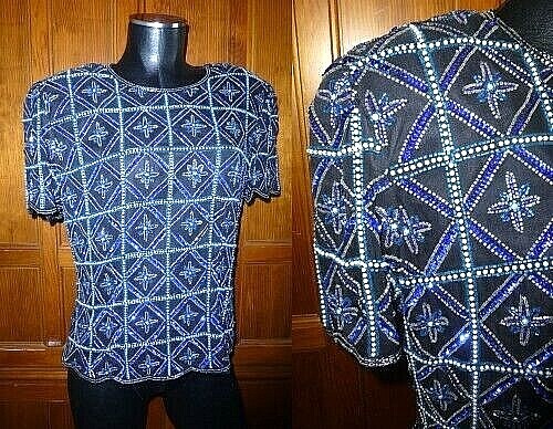 Vtg Royal Blue SEQUIN Beads Pearl Embroidered SILK Evening Party Top Blouse PL