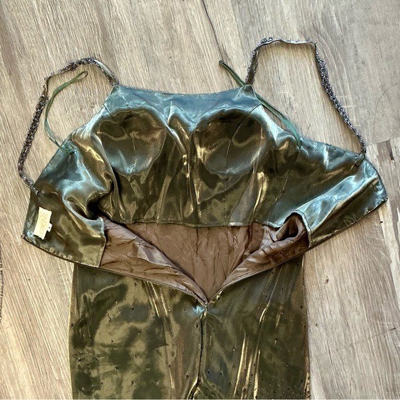 Vintage 1990s Y2K Cache Olive Satin and Chiffon Asymmetrical Hem Beaded Gown