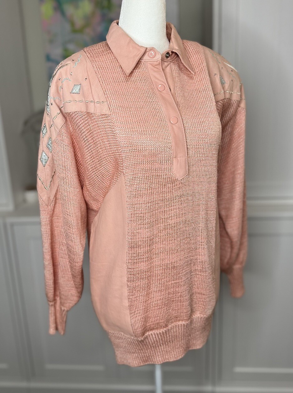 1980s Suzelle Sweater Leather Knit Embroidered Shoulder Pads Medium Deadstock