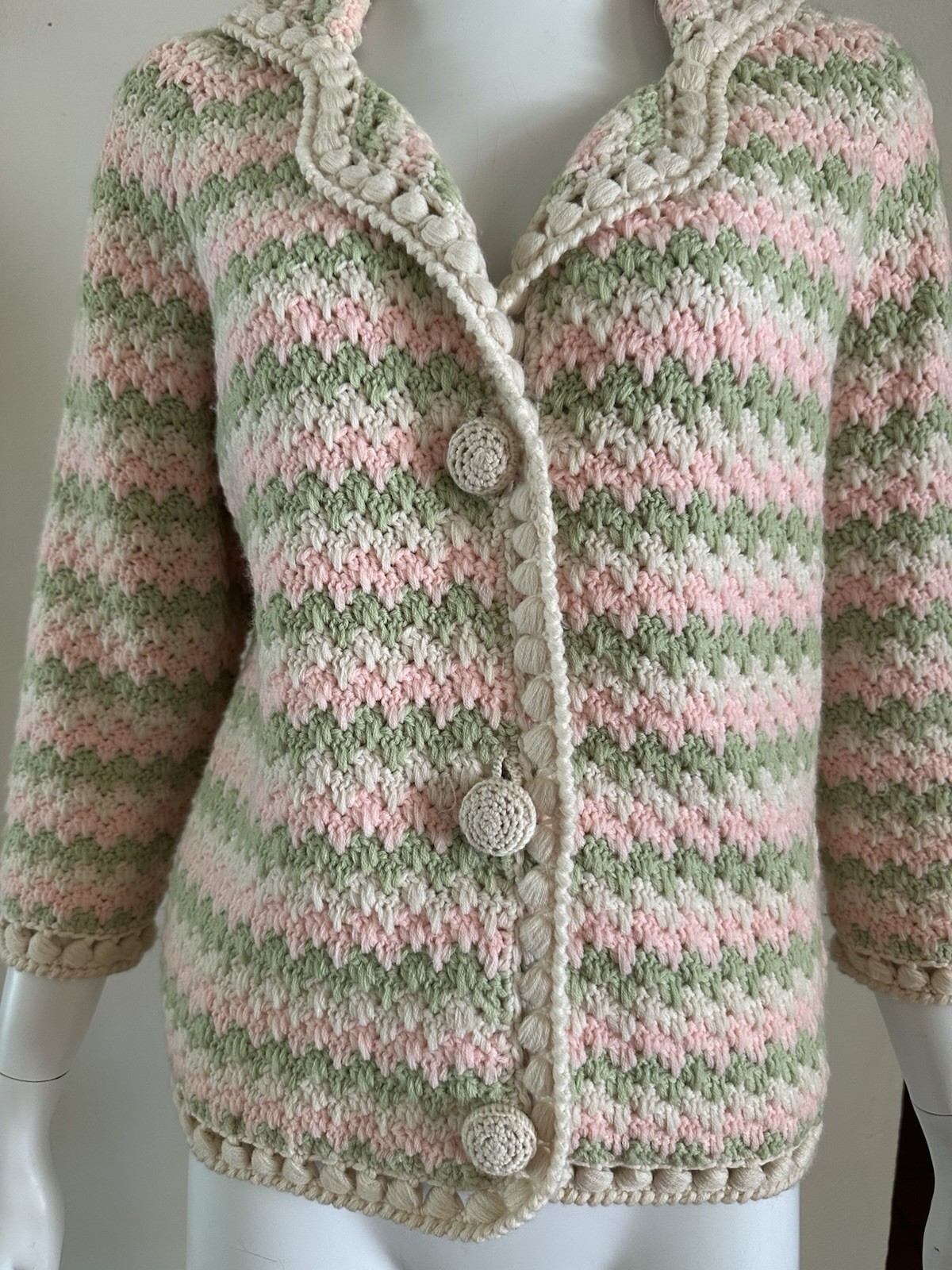 1960s Ilaria Italy Hand Knit Crochet Cardigan Popcorn Stitch Pink Green Sweater