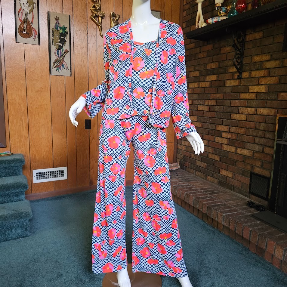 Vtg 70s Mod Op Art Bubble Psychedelic 3pc Tunic Top Wide Bellbottom Pantsuit M/L