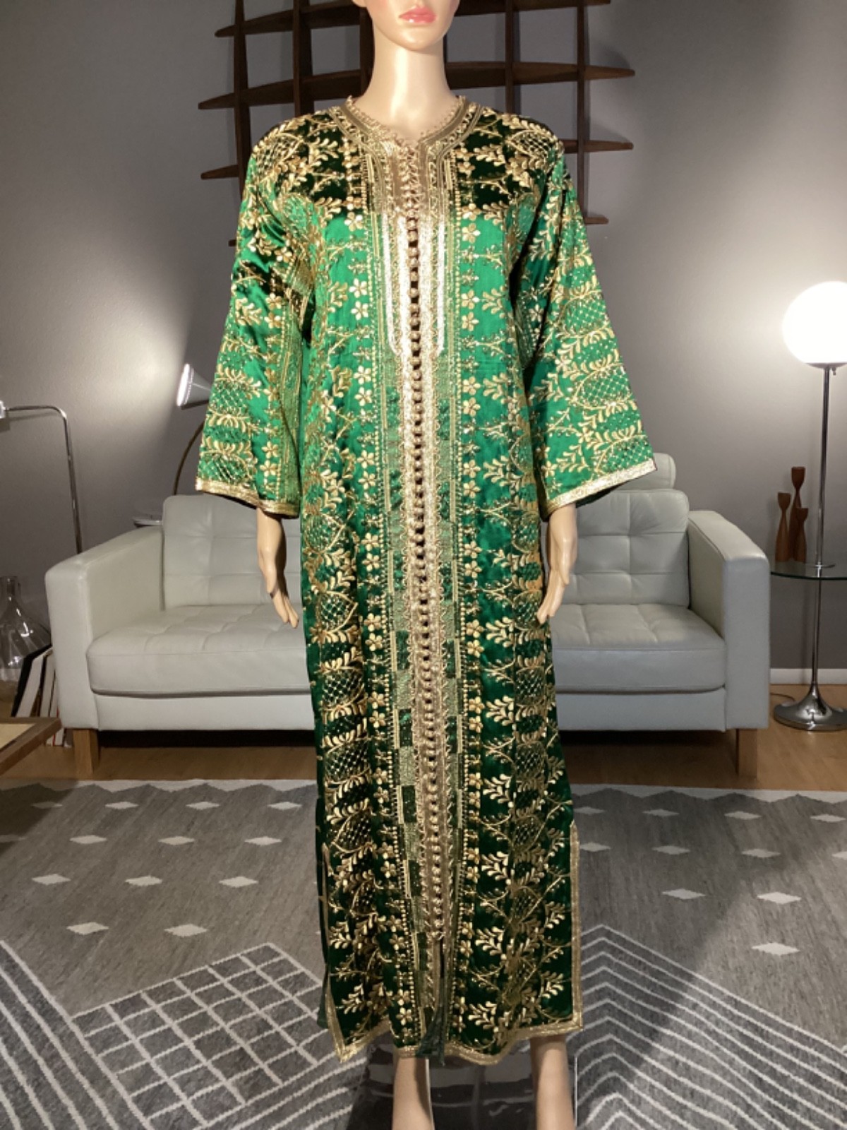Gorgeous Vintage Moroccan Green Silk Caftan Heavy Gold Embroidery 1960’s