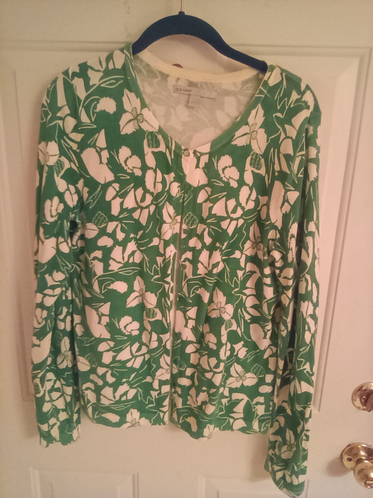 Vtg Old Navy green white floral sweater L button up made in Hong Kong cotton