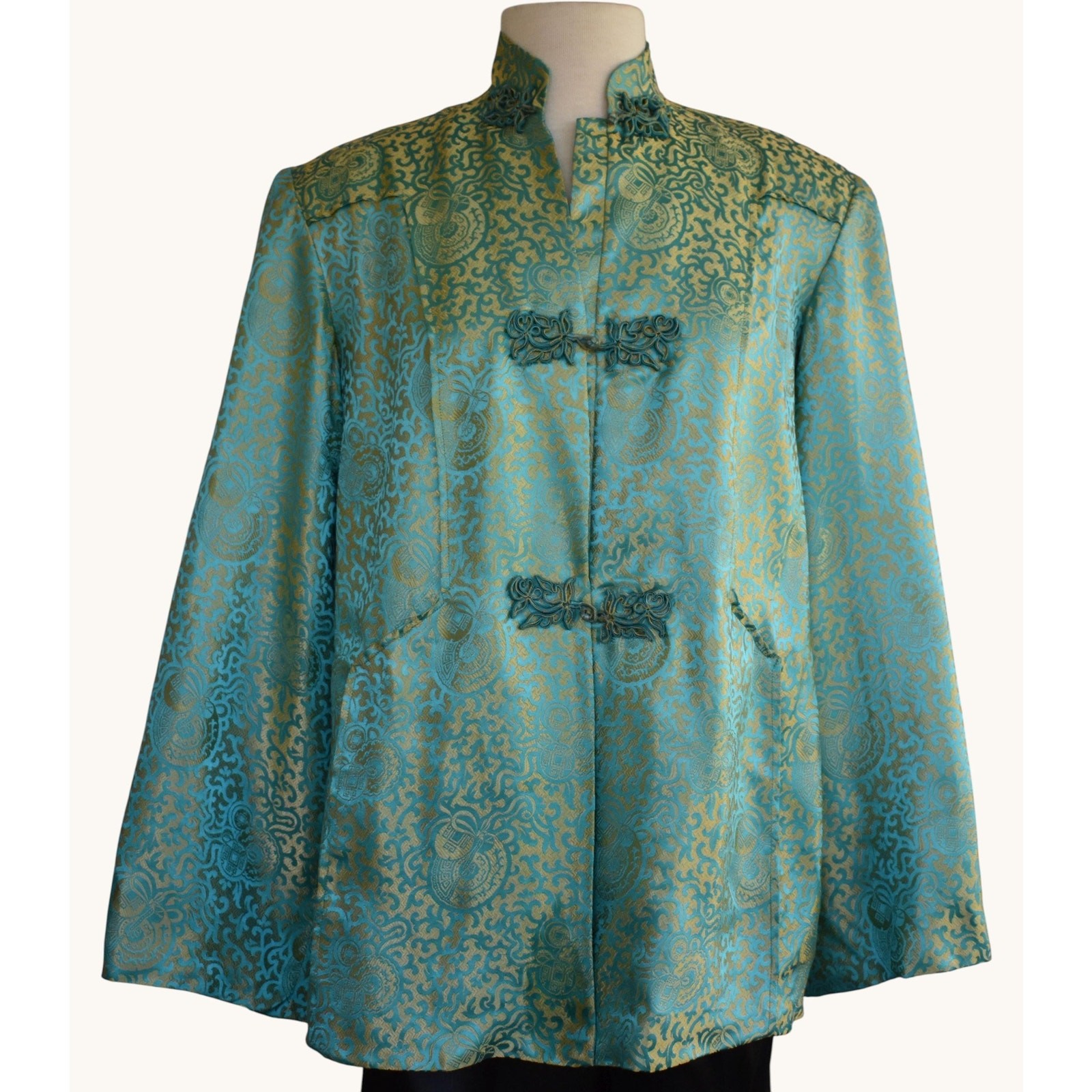 Vintage 60s Silk Jacquard Asian Jacket, Aqua Blue and Gold, Size L Large