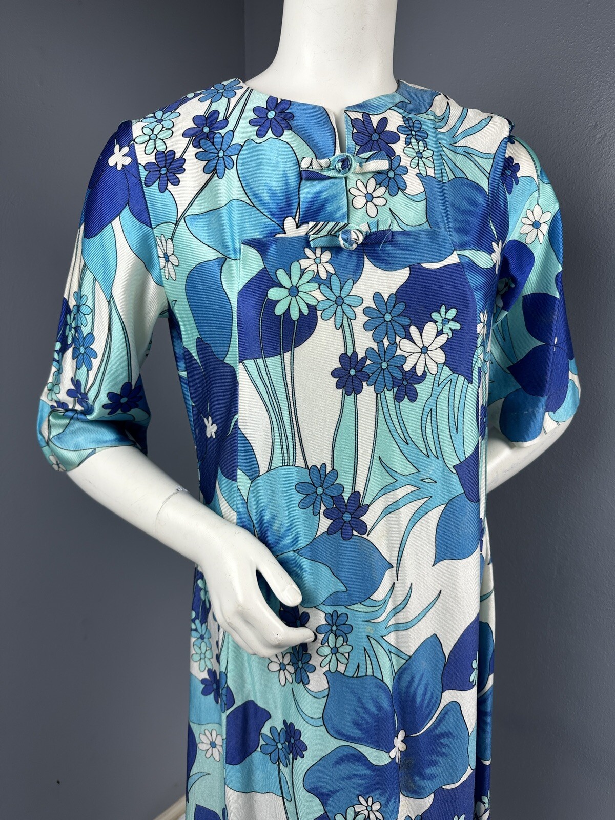 Vtg Hawaiian Surf By Pacific Blue Asian-Inspired Maxi Dress Hawaii Tiki 35” Bust