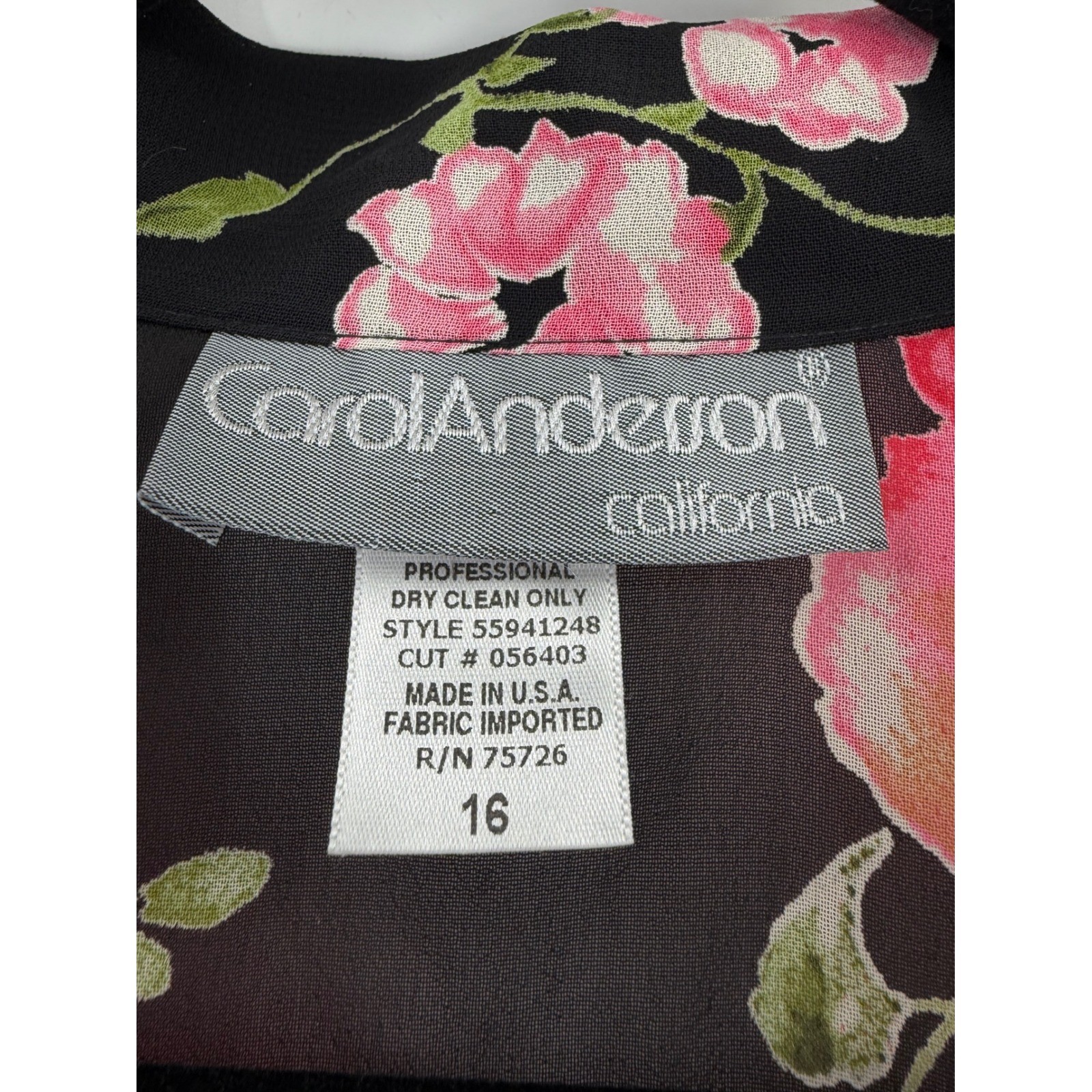 Carol Anderson Floral Blouse Women 16 Black Pink Rose Sheer Rayon Cottagecore