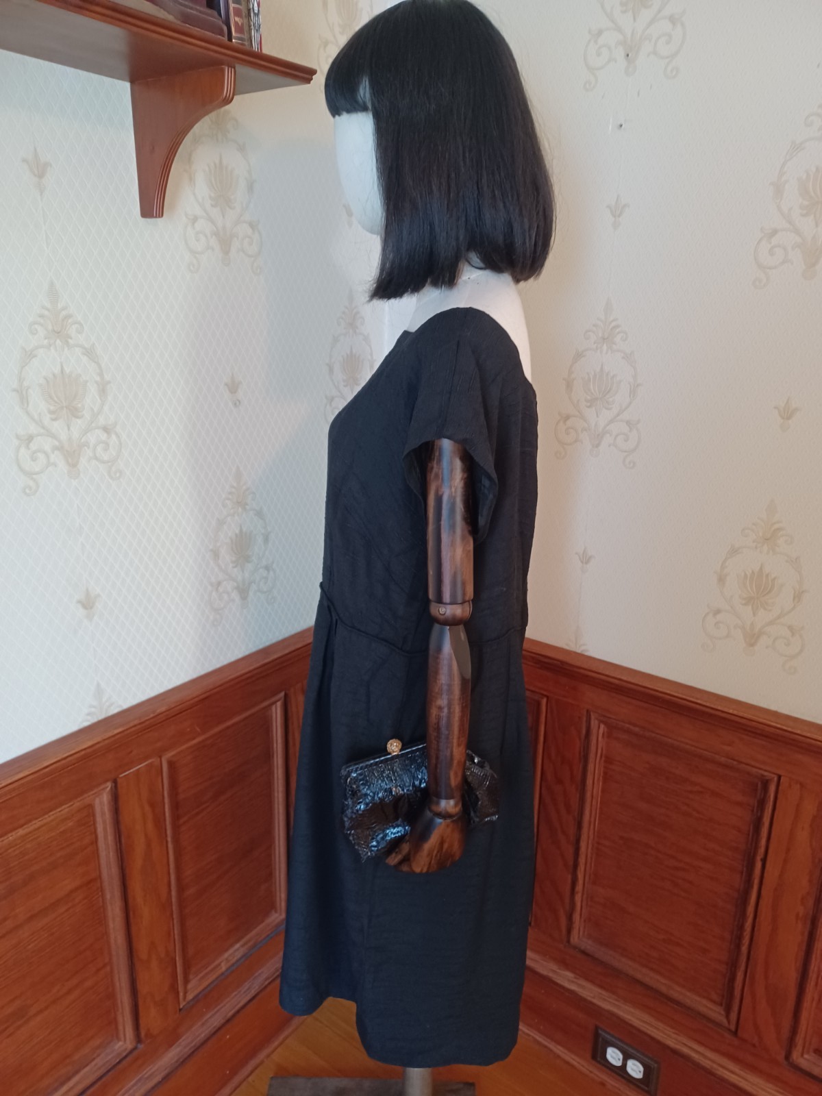 Vintage Mid-century Slubbed Black Cotton Little Black Cocktail Dress, size XL
