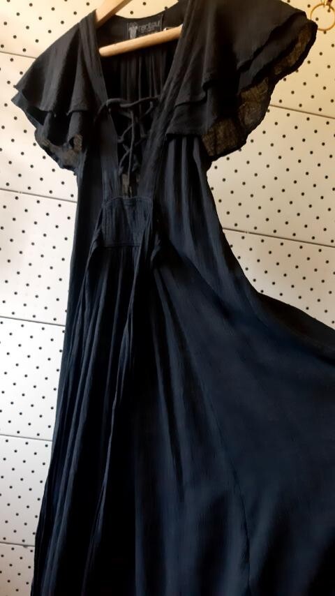 Vintage RADLEY London Black Maxi Sexy Cotton Dress Wing Sleeves Size 12-36″/91cm