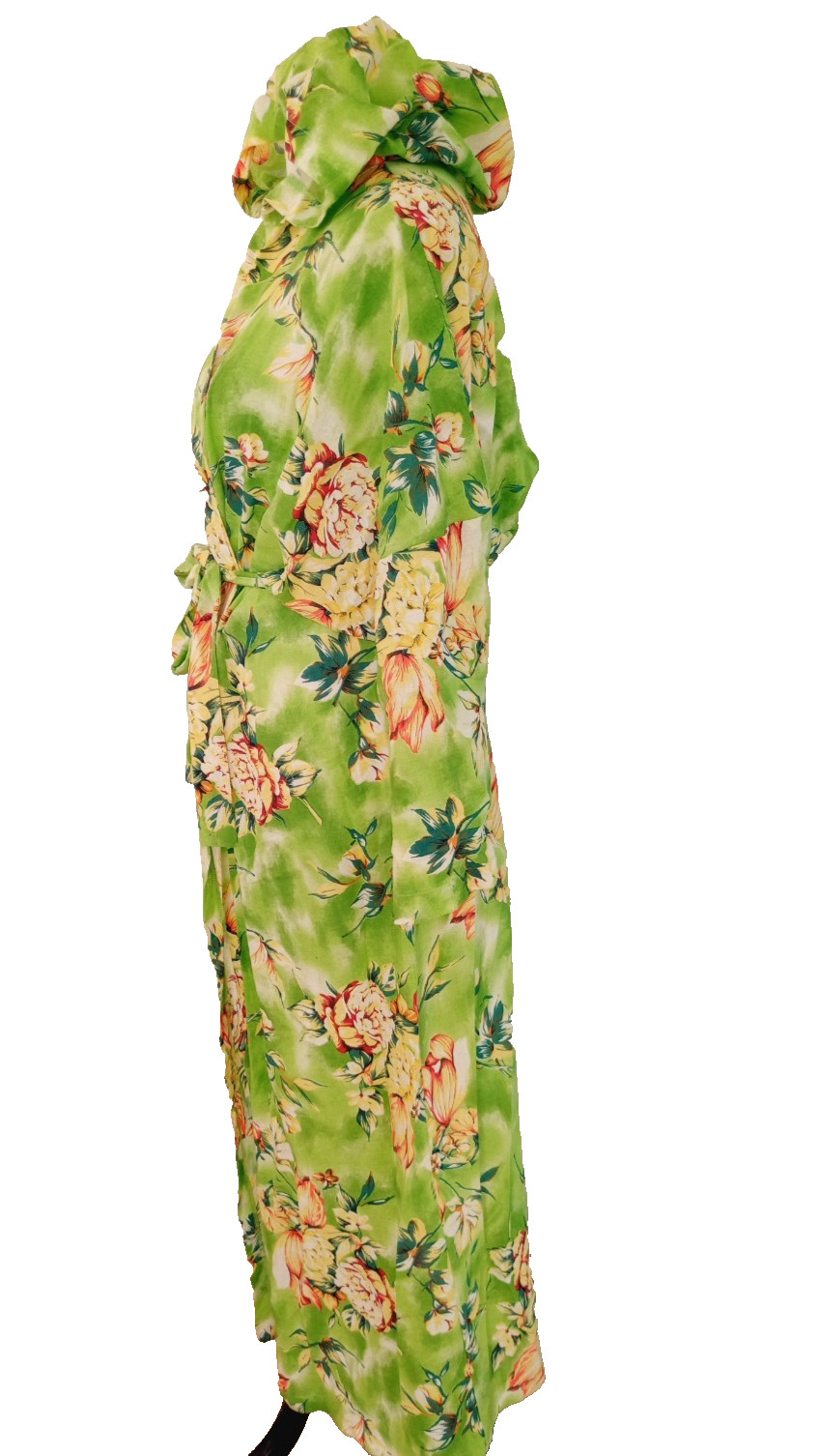 VTG Green Floral Hawaiian Bath Robe w/ Hood LARGE Cotton Barkcloth Tropical USA