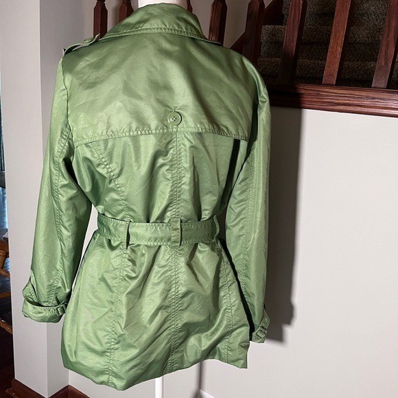 Liz Claiborne Olive Green Trench Coat Belted Button Front Classic Jacket Chic