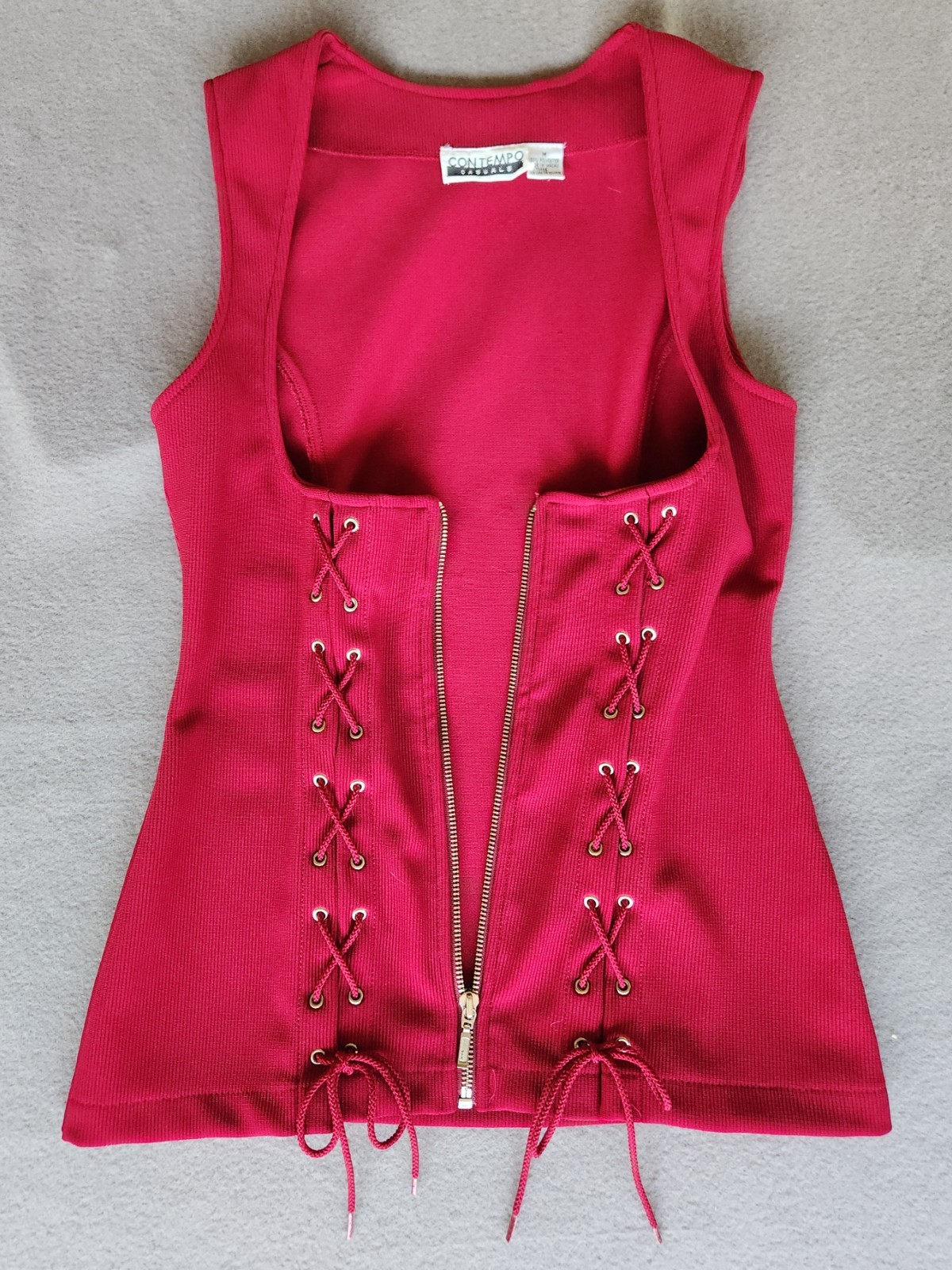 Vtg 90s Contempo Casuals Red Corset Lace Up Zip Front Ribbed Top Vest Womens M