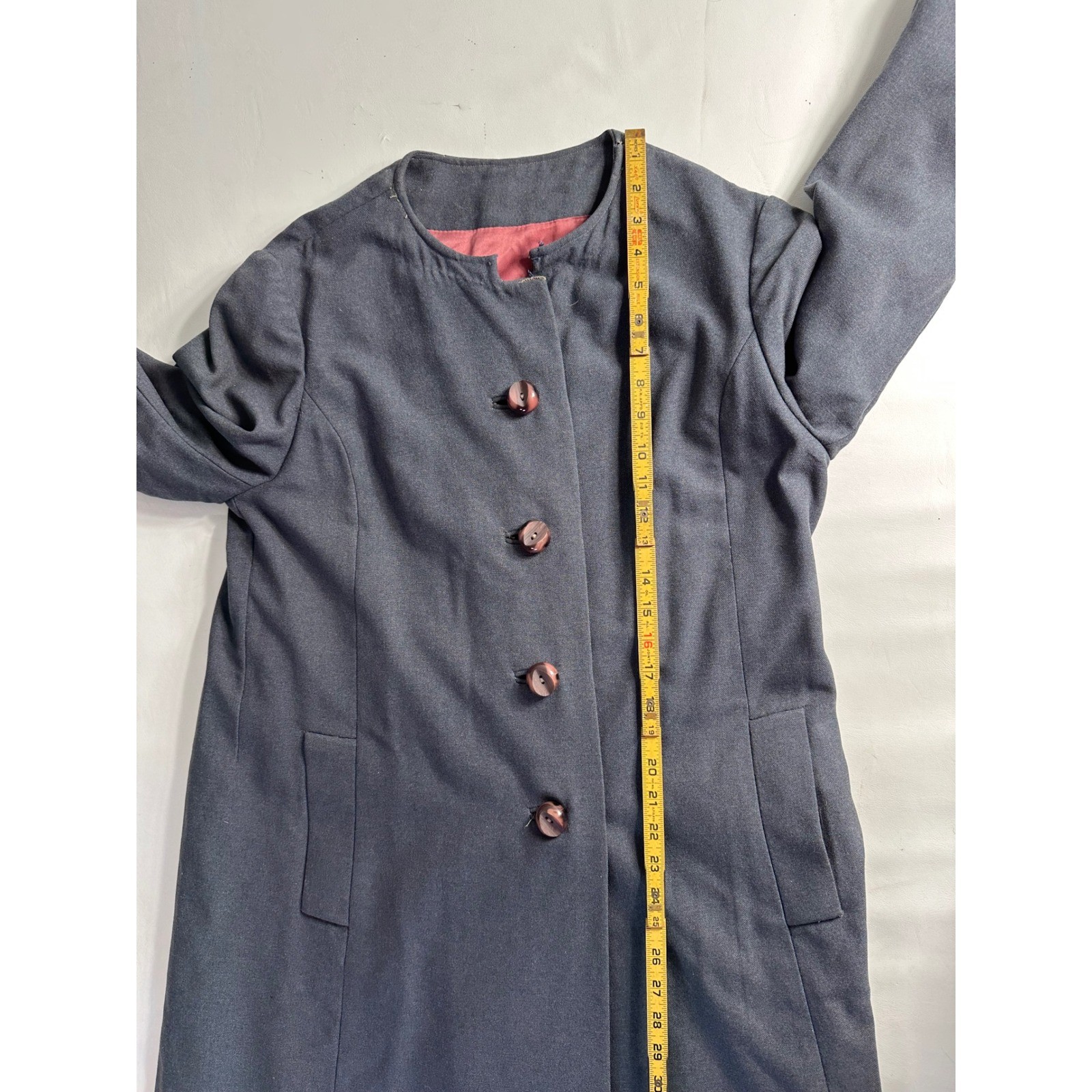 Vintage Shagmoor 60s Mod Charcoal Gray Wool Collarless Long Coat Pink Lining