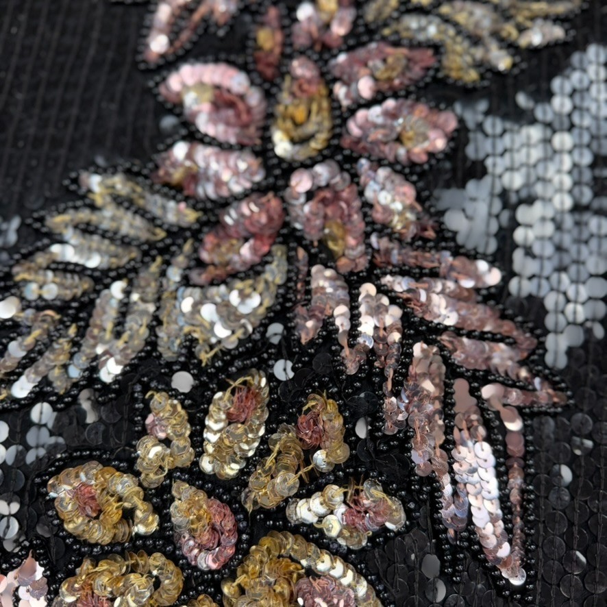 VTG Stenay Women Silk Sequin Top M Black Floral Beaded Party Glam