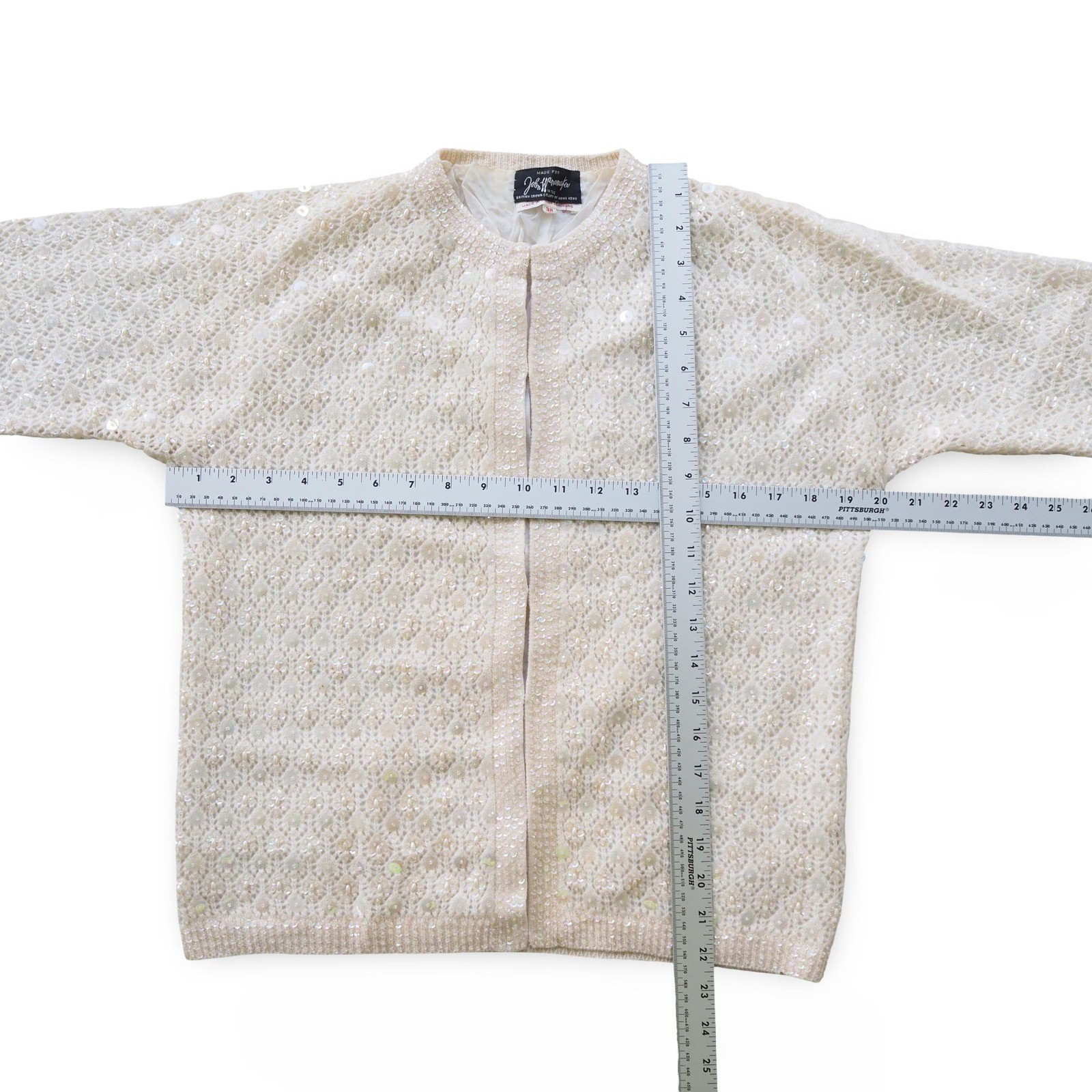John Wanamaker Vintage Beaded Sequin Cardigan Women’s 38 Ivory Wool Open Front