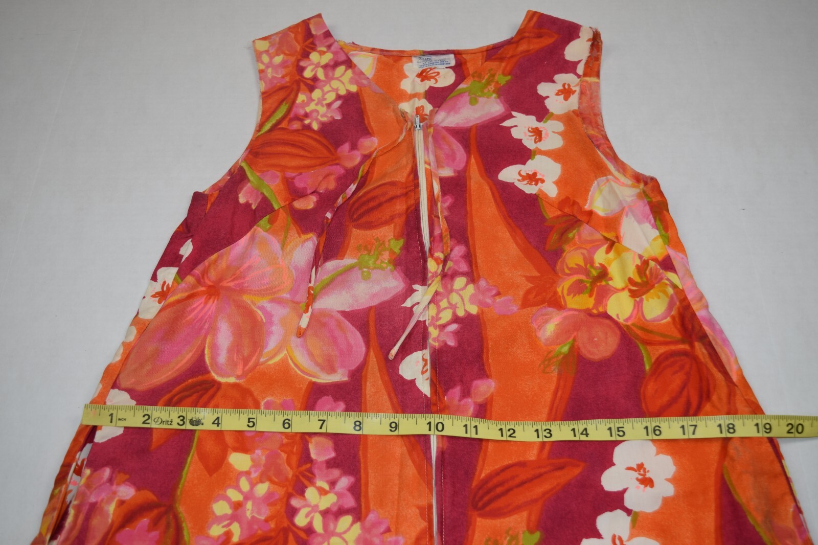 Vintage Sears Hawaiian Dress Size S/M 70s Sleeveless Orange White Yellow Floral