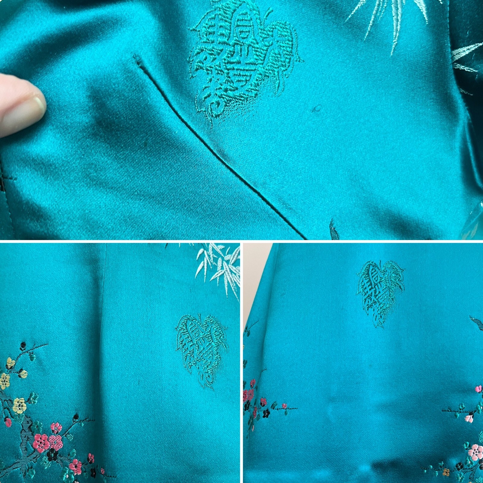 Vintage 1960’s Silk Blue Green Hue 60s Cheongsam Qipao Dress Floral Embroidery
