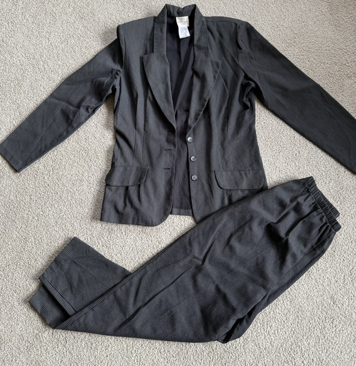 Vtg BENTLY 2 pc BUSINESS SUIT houndstooth 13/14 Jacket 11/12 pants Black-Gray