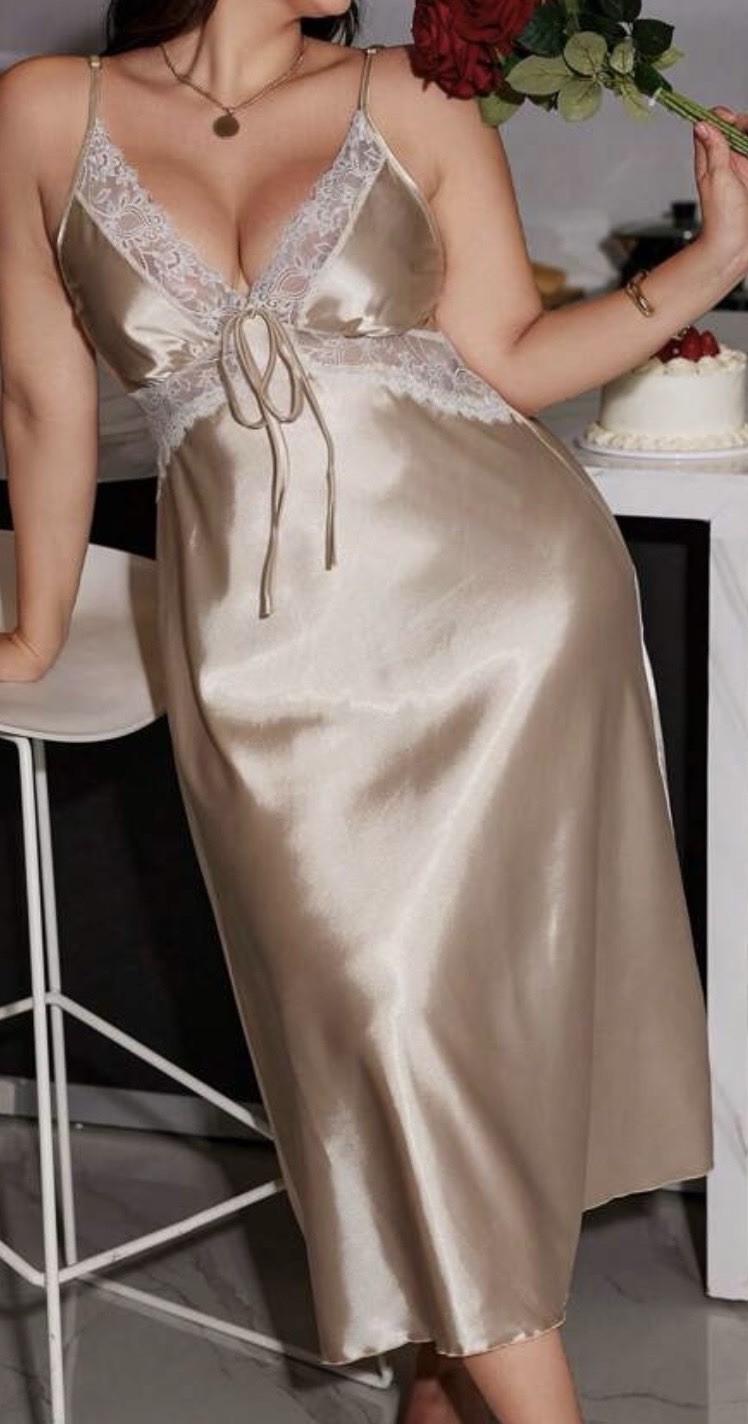 Champagne Satin w Lace Detail Exquisite Silky Long Nightdress Nightgown NEW 5XL