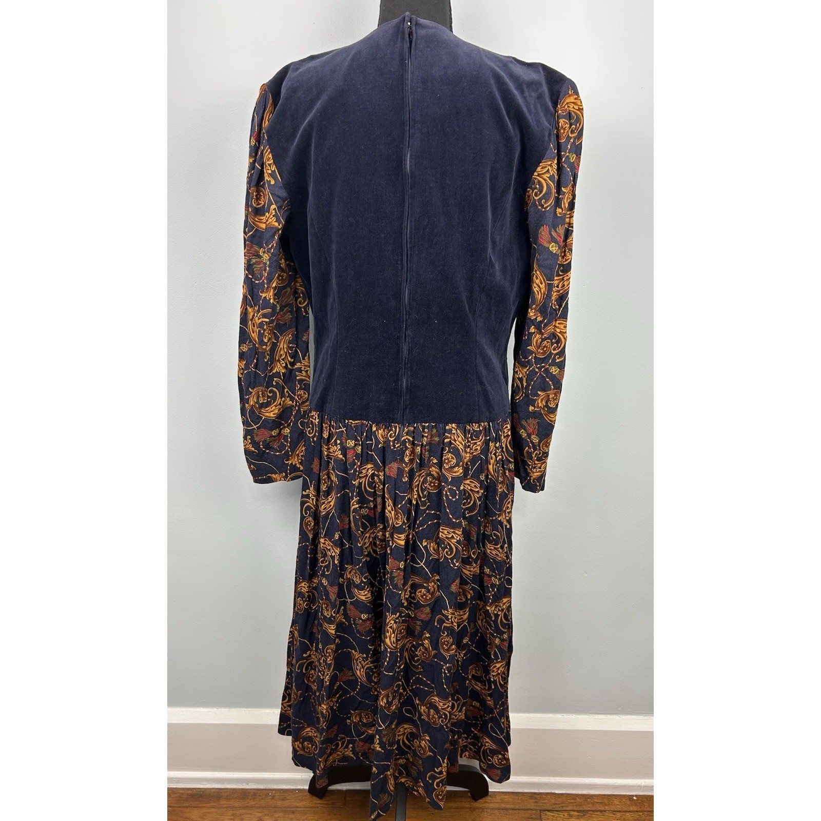 Donna Morgan Vintage Navy Velvet Paisley Midi Dress Gold Tassel 80s Size 11/12