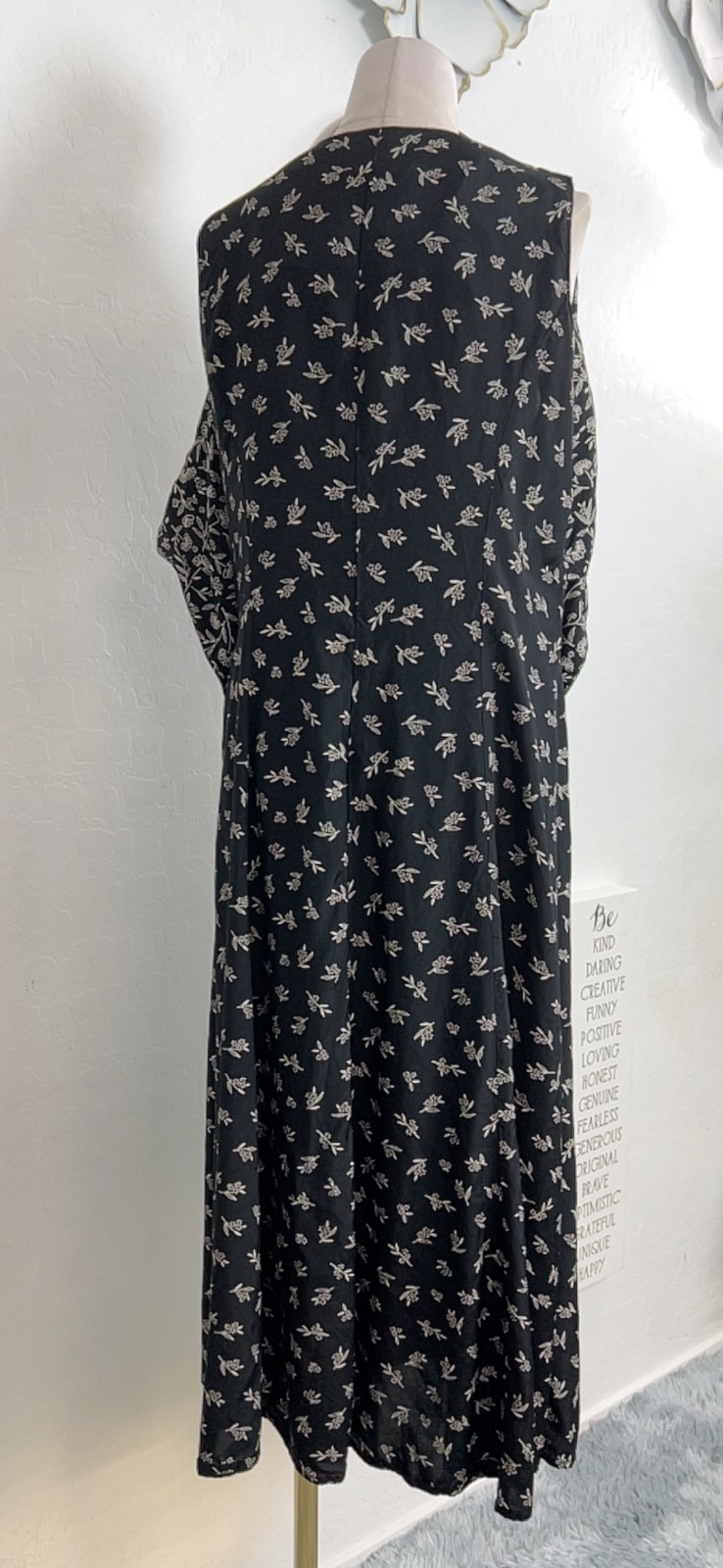 Vintage Robbie Bee Dress 10 Black Floral Rayon Button Front Tie Midi 90s Grunge