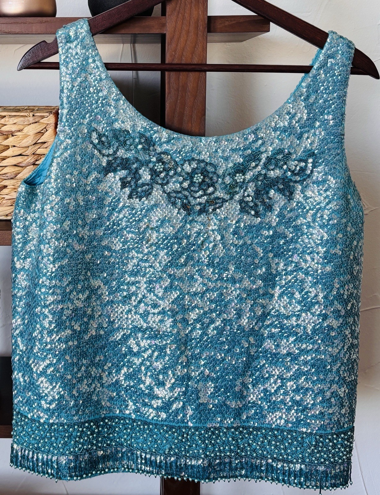 Vintage Women’s Blue 100% Wool Sequined Embellished Tank Top Made in Hong Kong