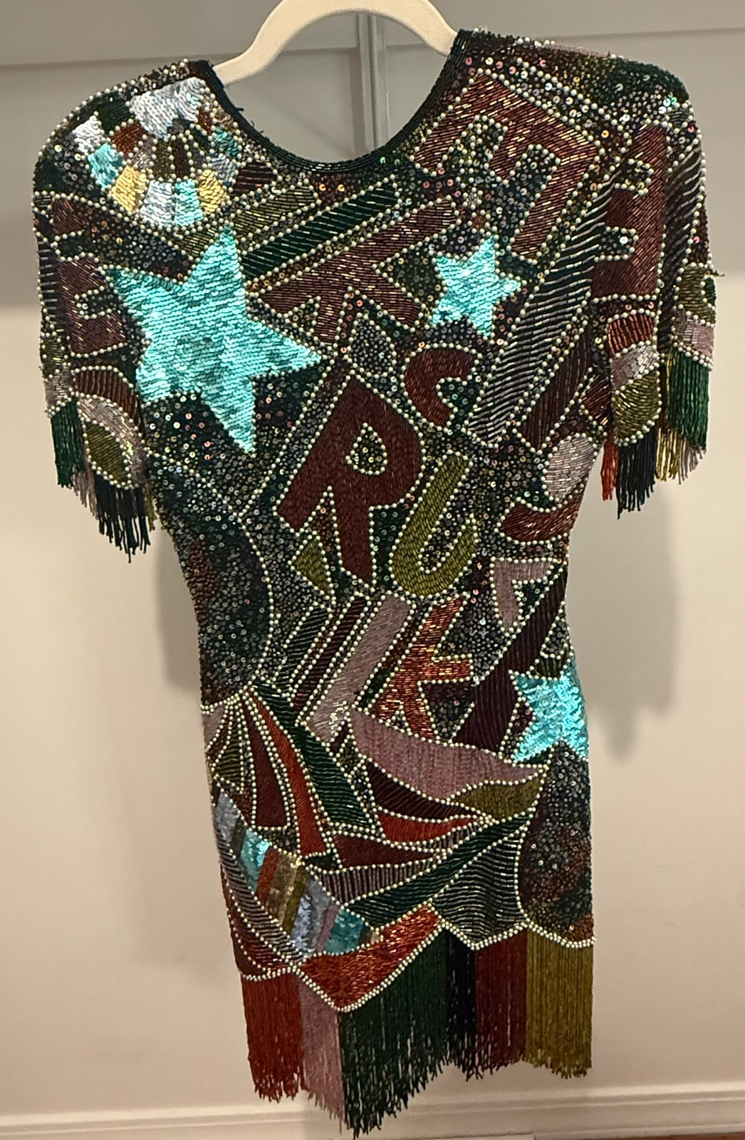 Rare 1980s Naeem Khan Riazee Nights Hand-Beaded Pop Art Mardi Gras Mini Dress