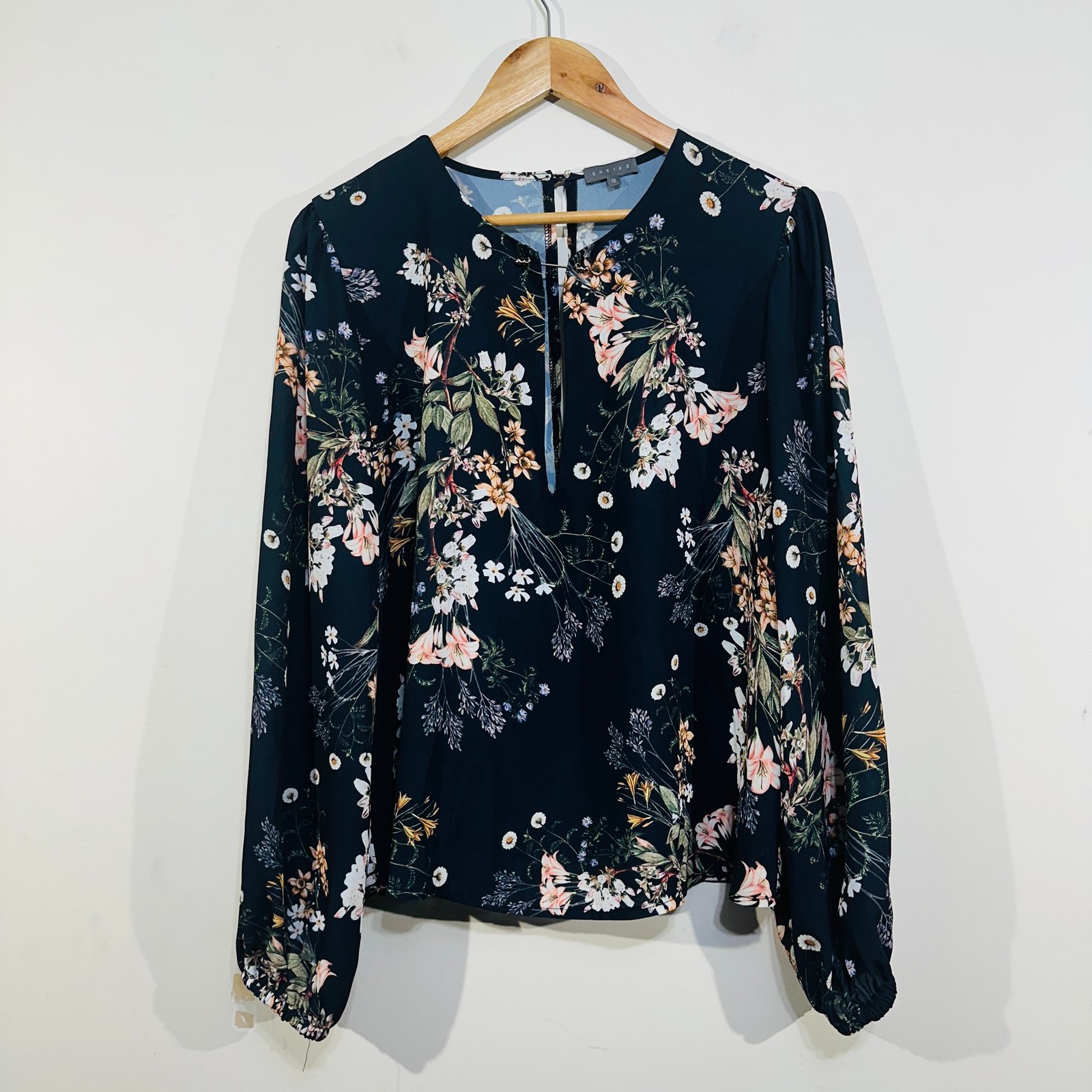 Sheike Floral Long Sleeve Blouse Top 12 Gold Pin Navy Blue Pink Elegant