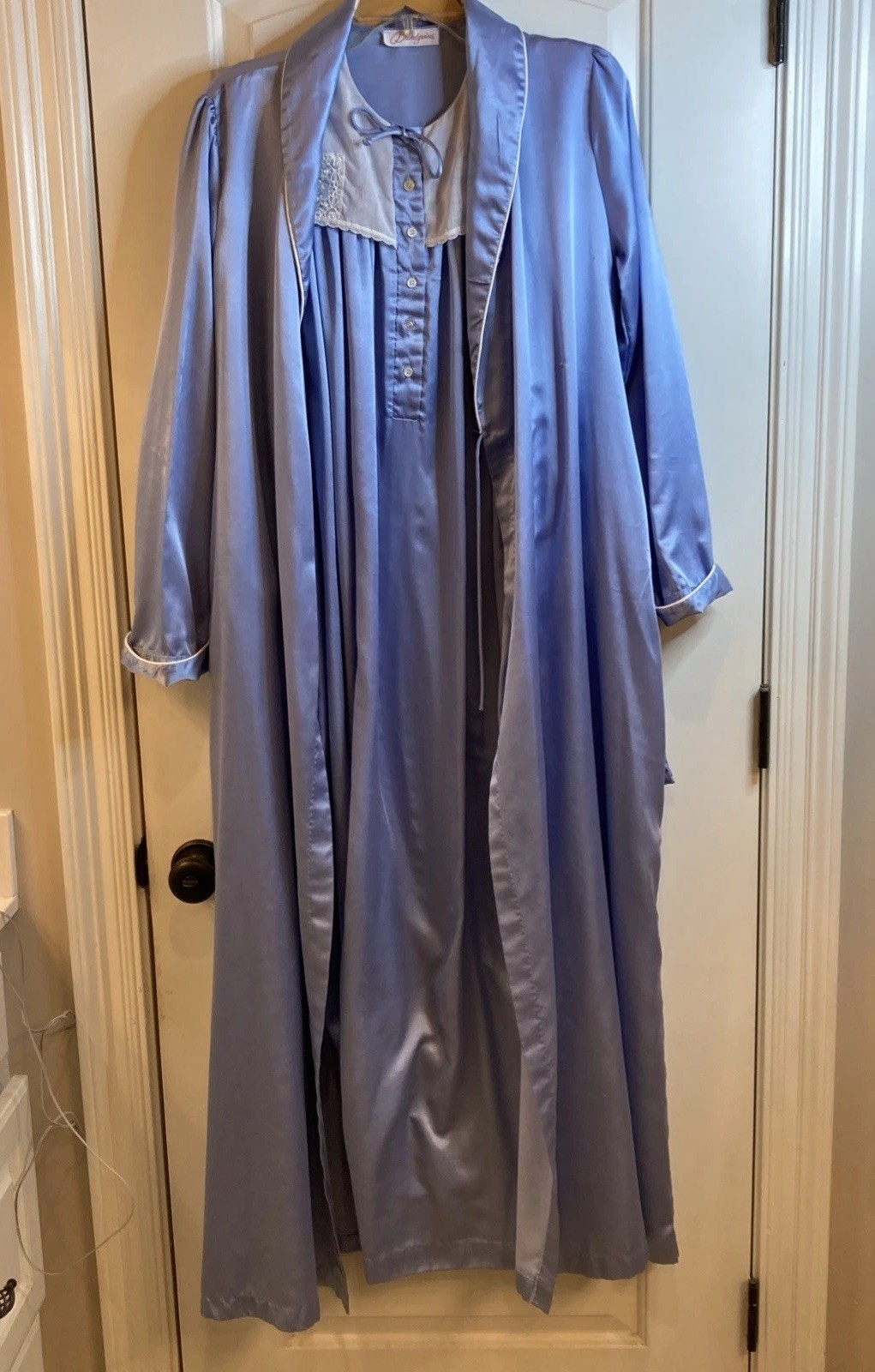 Vintage Brandywine Blue Satin Long Nightgown & Matching Robe Lace Retro MCM M/L