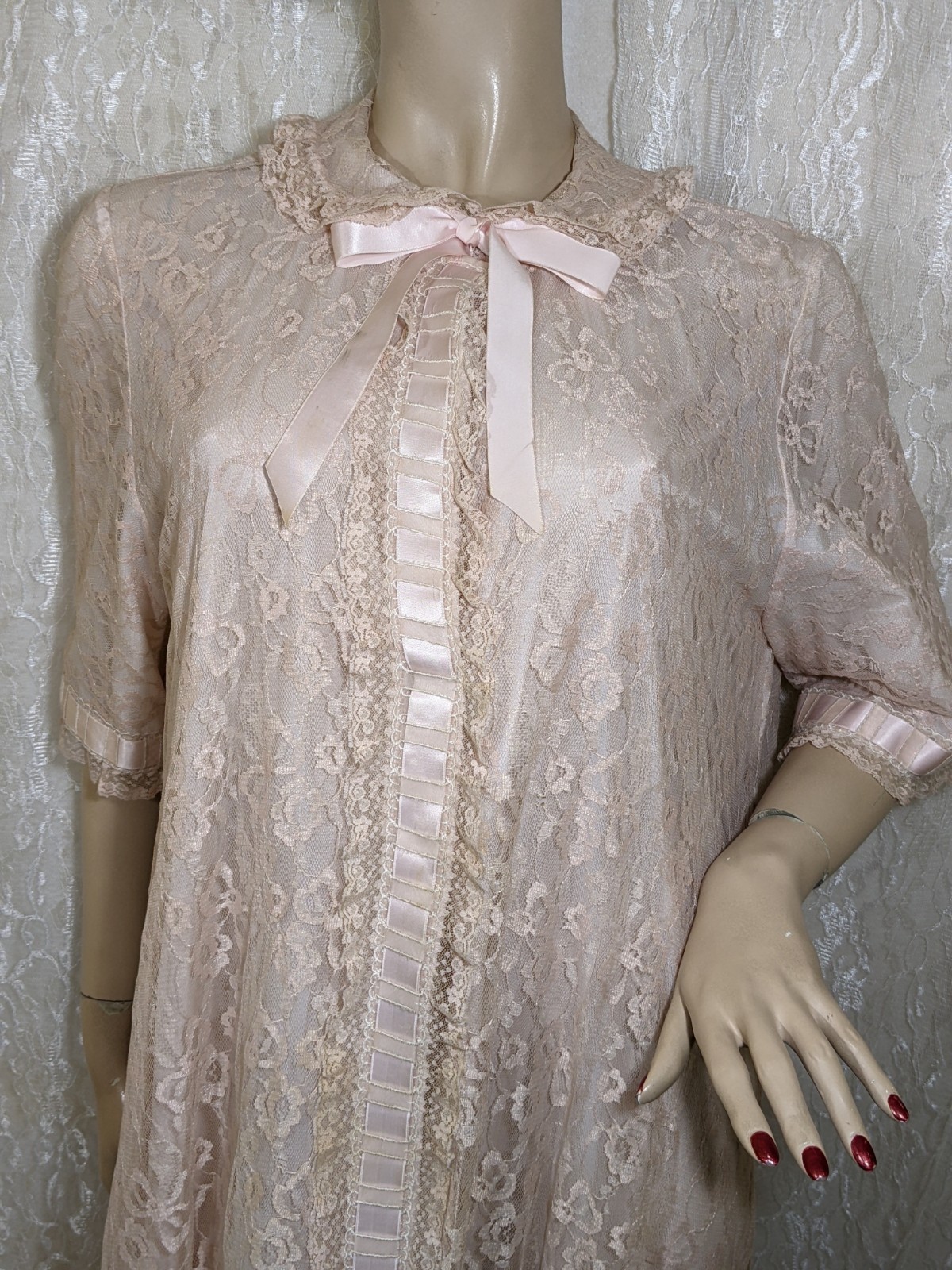 VTG Odette Barsa Lace Overlay Pocket Pink Peter Pan Collar Dressing Gown Robe L