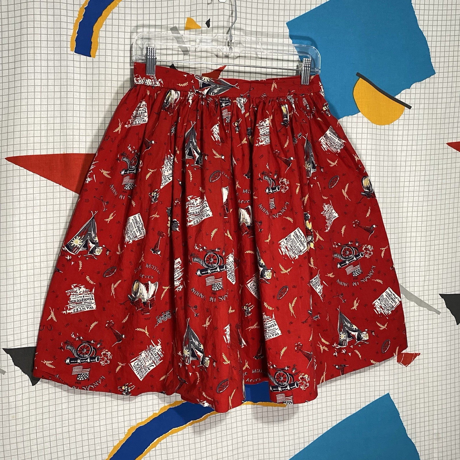 Vintage 50s Novelty Print Skirt Art Santa Fe Railroad Travel Rockabilly Western