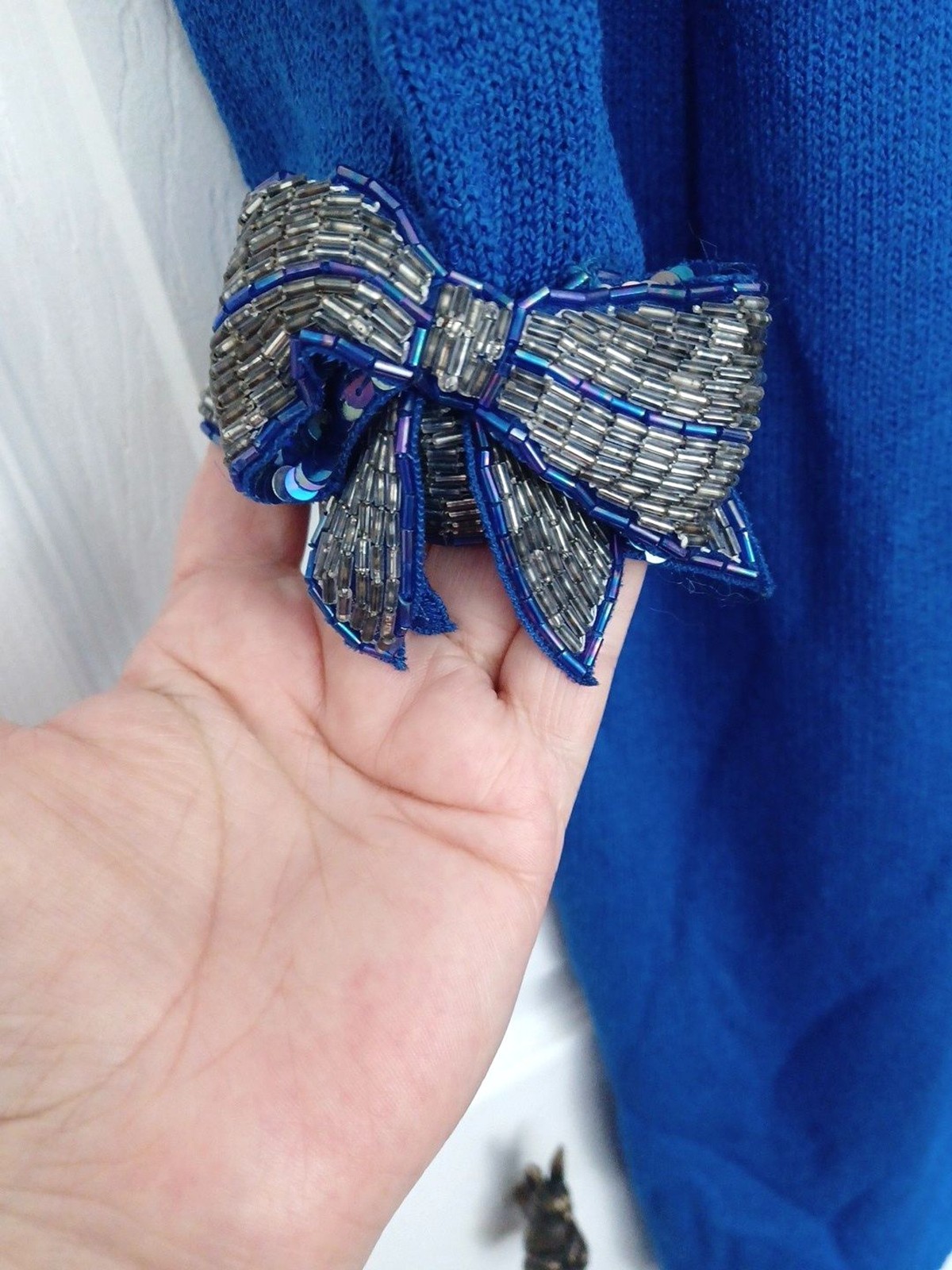VINTAGE DON SAYERS For WELLMORE Blue Beaded 3D Bows On Sleeves SWEATER DRESS 12