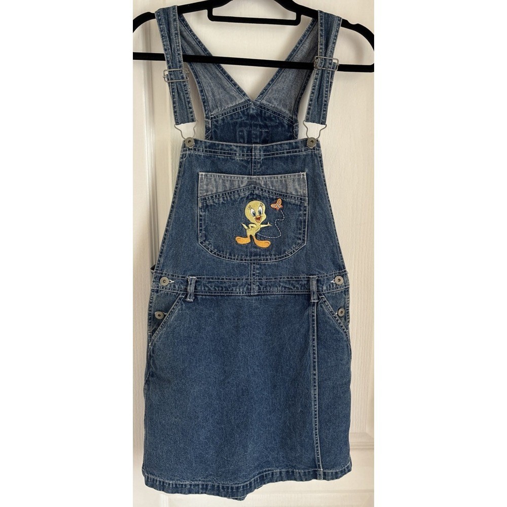 Vintage Looney Tunes Tweety Denim Overall Shorts Embroidered Pockets Blue Medium