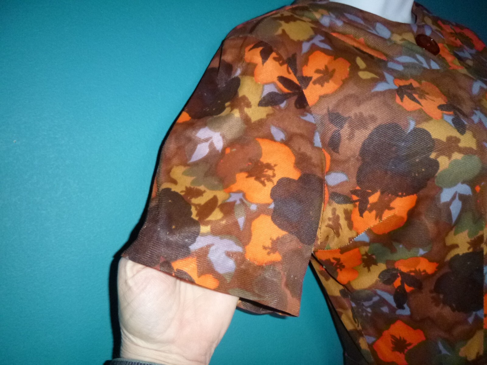 Vtg 60s Nylon Stretch Fabric Dress Multi Color Brown Orange Floral Sz S/M