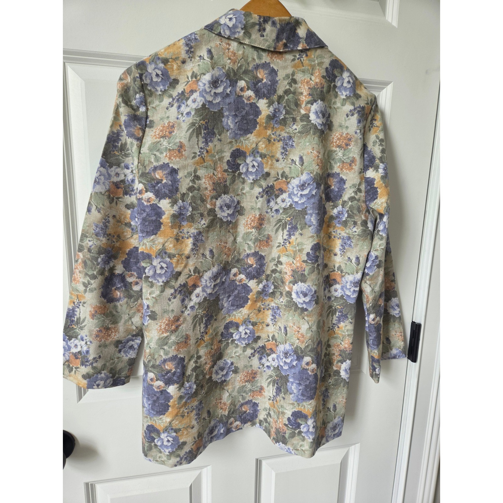 Vintage Cottagecore Floral Linen Blend Blazer Jacket Blue Size 12P Boho