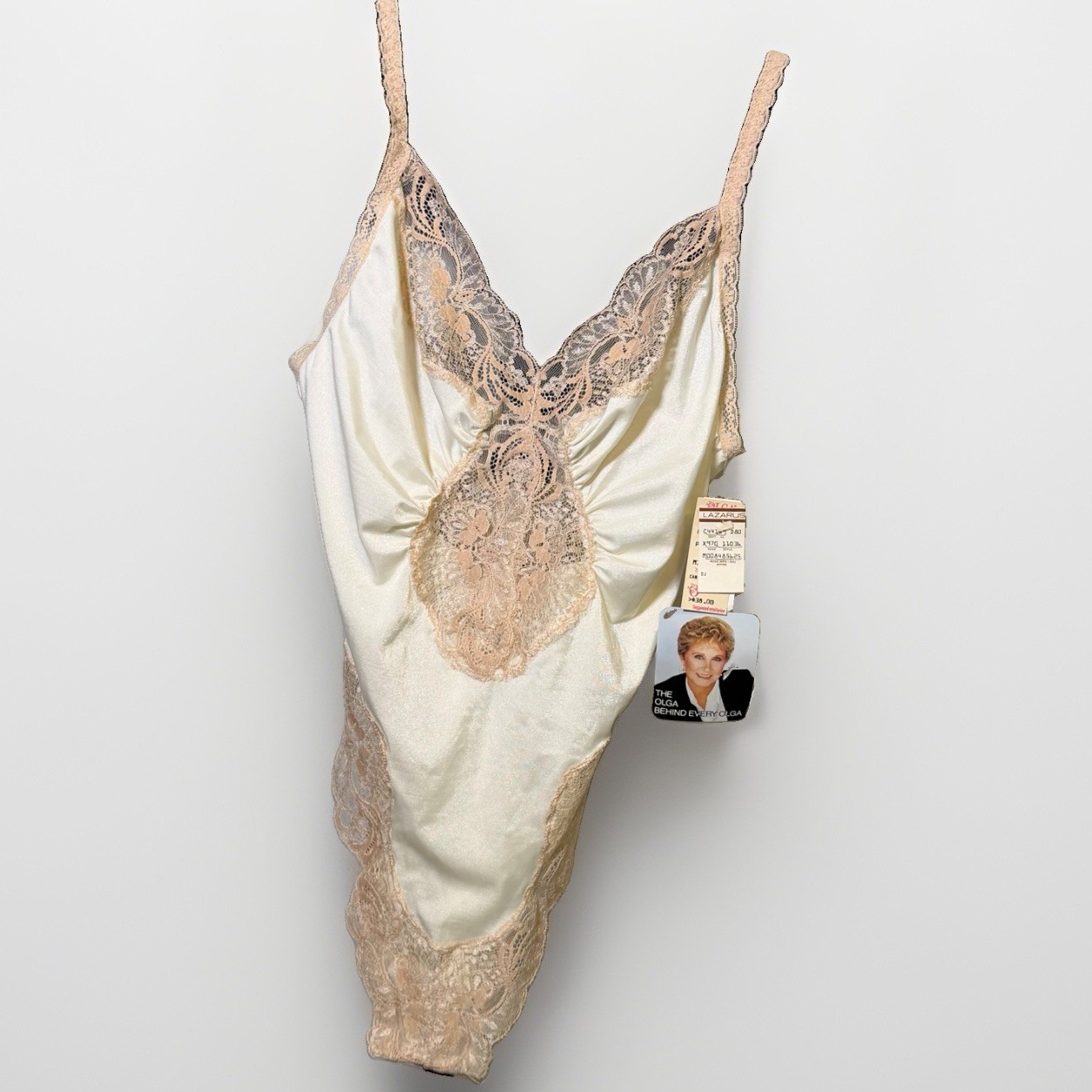 Olga Cream Lace Vintage Satin Sz L Bodysuit Teddie Lingerie One Piece High Cut