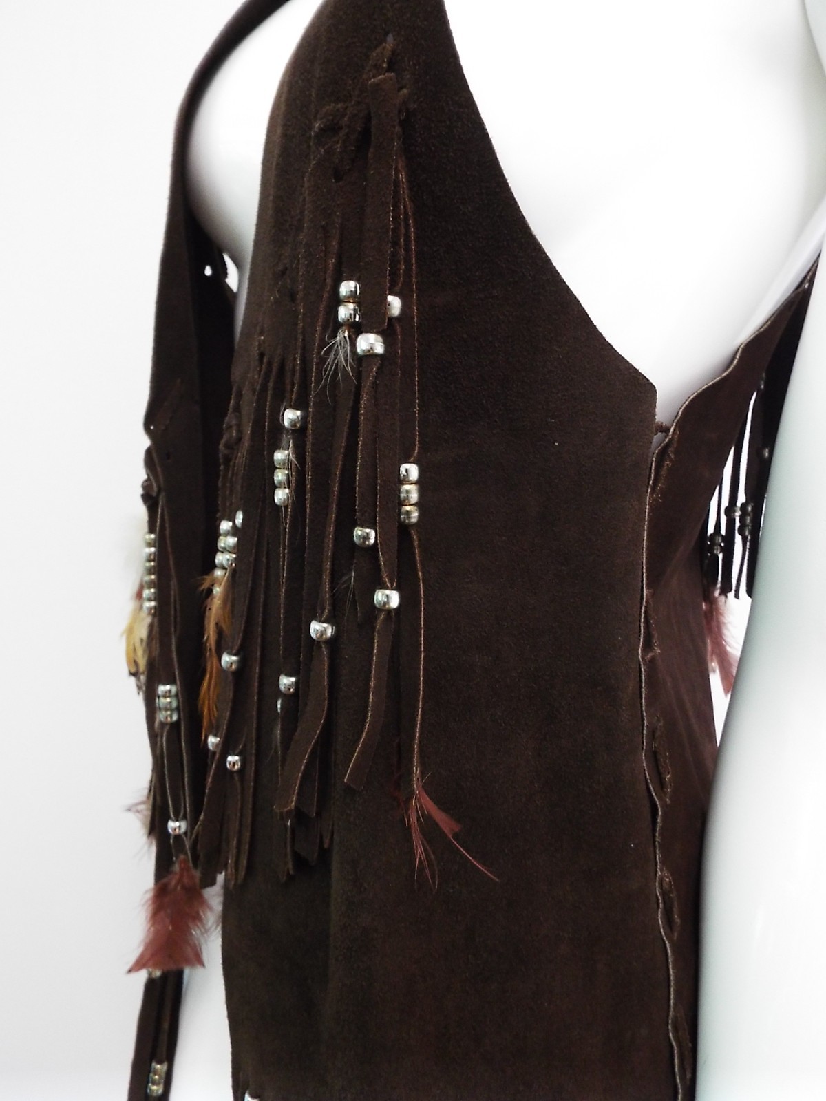 VTG 1970s Long Brown Suede Fringe Tunic Vest HIPPIE Feathers Beads Festival Boho