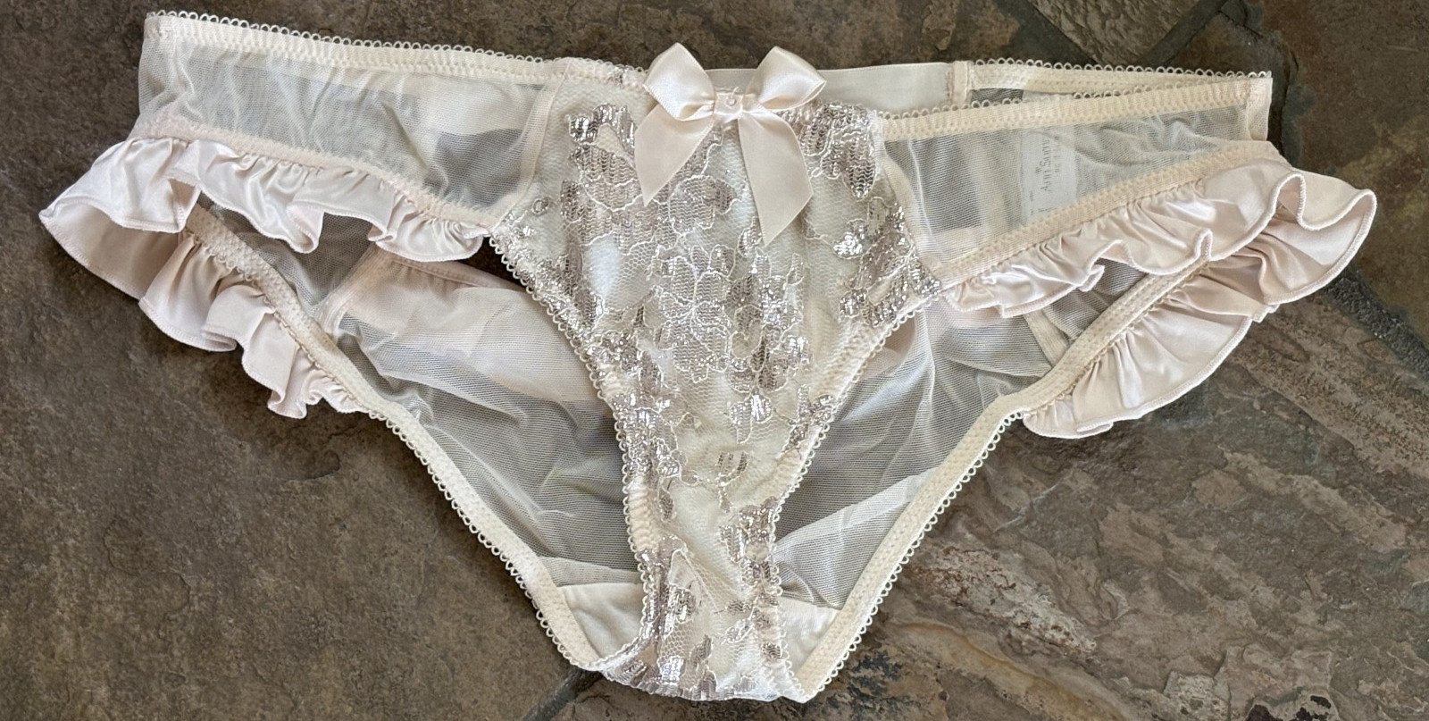 ANN SUMMERS UK 12 Ivory glitter satin lace Open Tie Back Bikini Panties NWOT