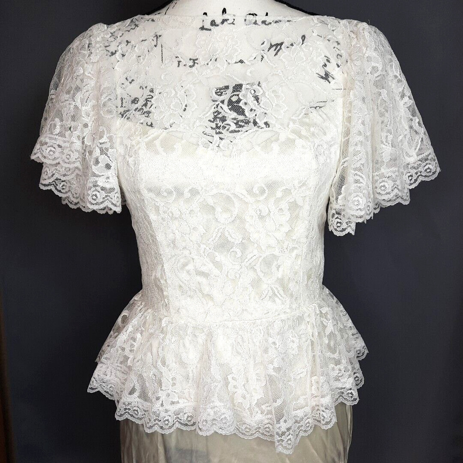 Vtg Diamonds Run Lace Puff Sleeve Peplum Satin Midi Dress Size 8 White Coquette