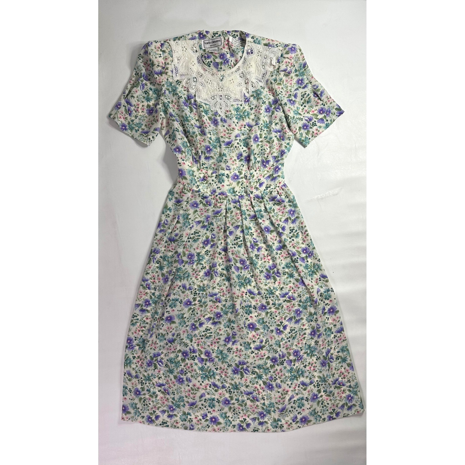 Vintage Karin Stevens Petites Sz 8P Floral Lace Collar Dress Purple Green White